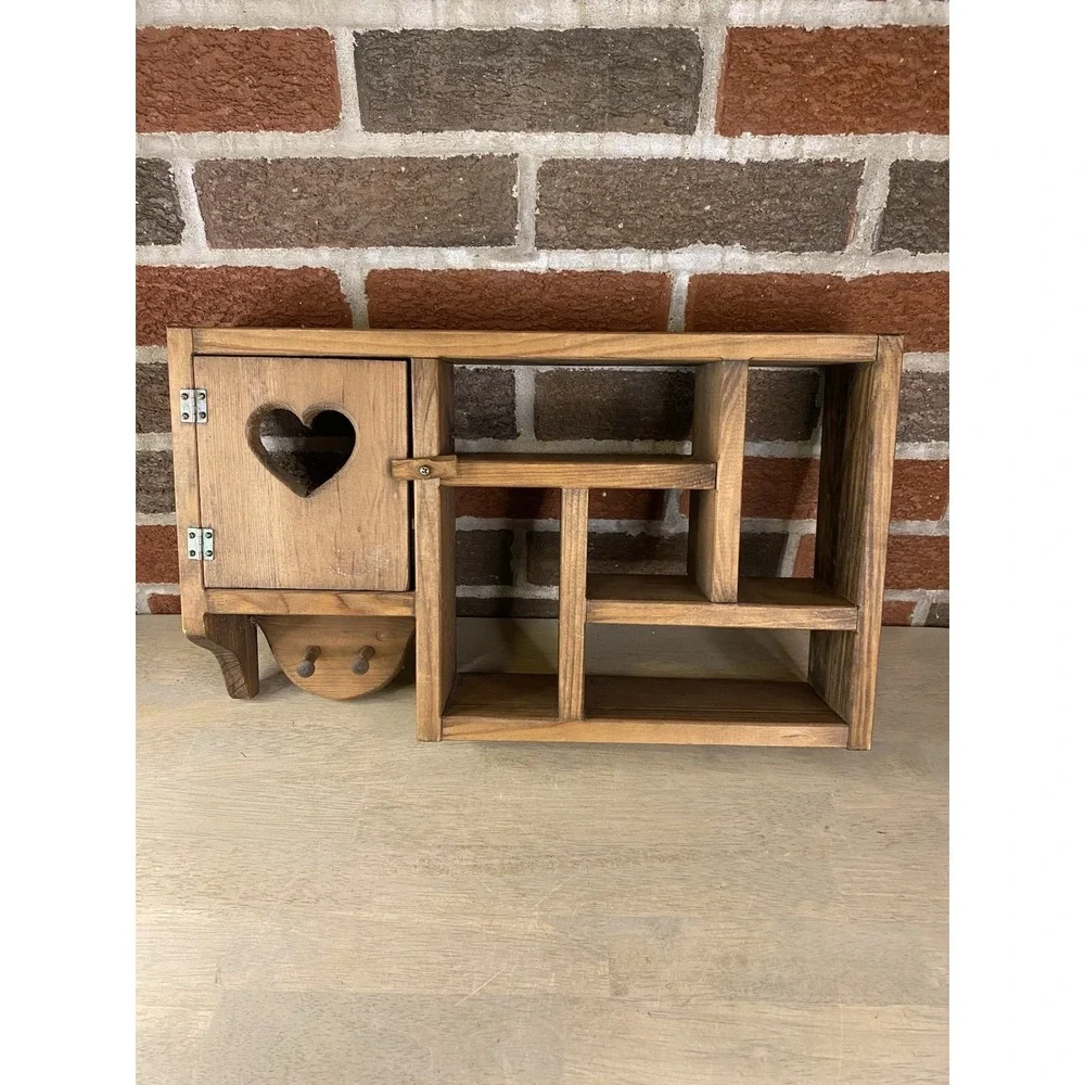 Vtg Wood Wall Shelf Curio Shadow Box Heart Dividers Display Country Cottage Core